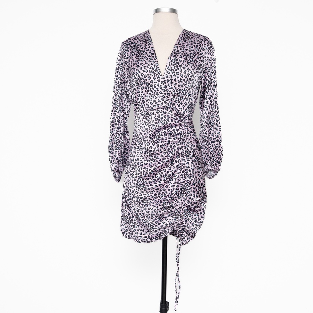 Maje | Maje Draped Leopard-Print Mini Dress‎ Pink Black Puff Sleeve V-Neck  NWT - Picture 2 of 13